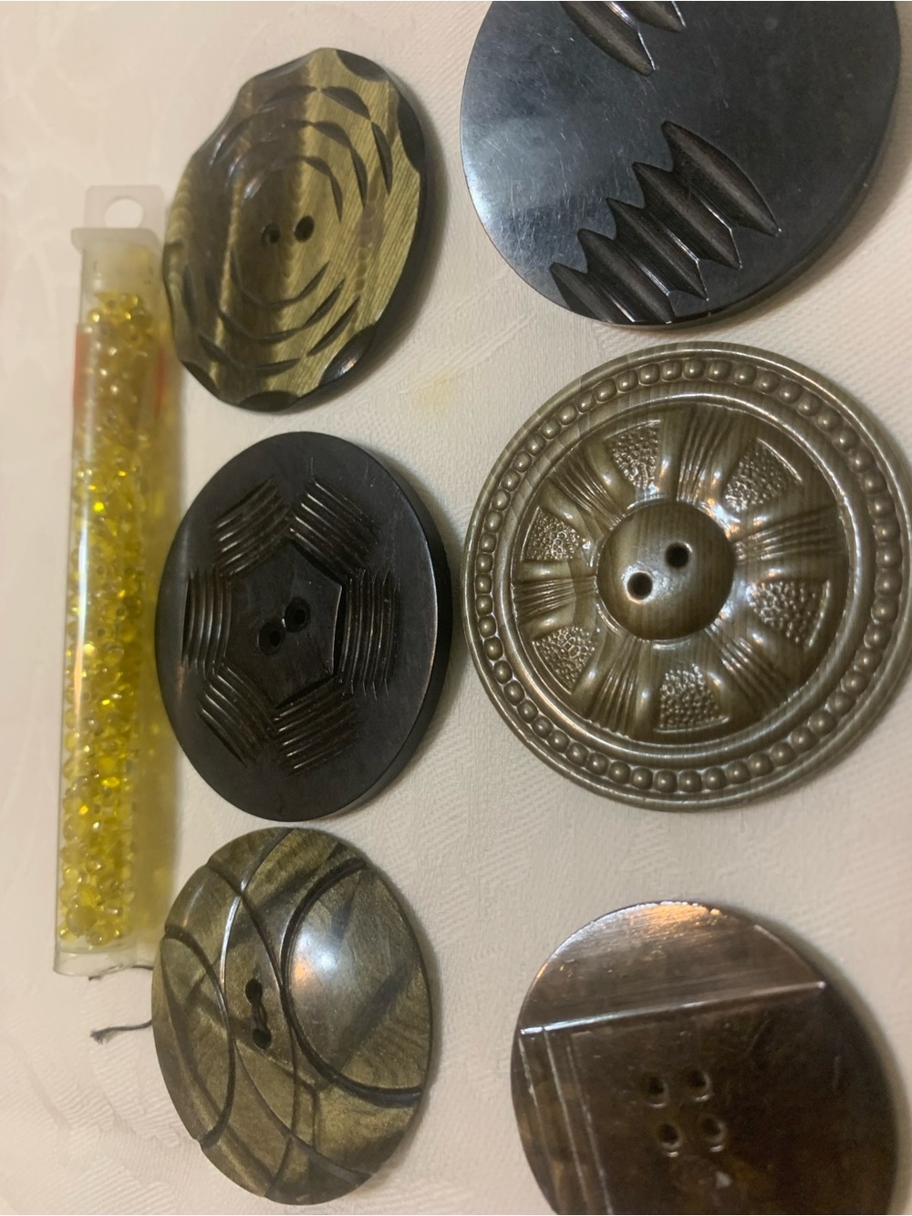 Vintage Mixed Brown & Olive Decorative Buttons for Sewing & Tube of Yellow Beads